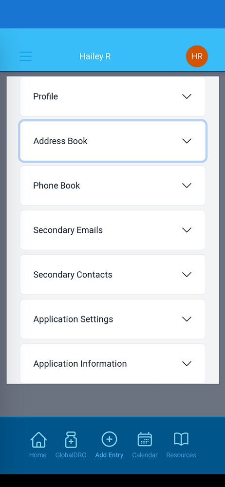 Screenshot of Athlete Connect app of the address book option.