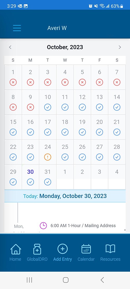 Screenshot of the Athlete Connect app shownig a calendar with different icons.