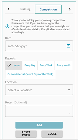 Competition date range on Athlete Connect.