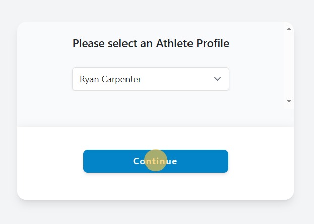Screenshot of Athlete Connect app with highlight over Continue button.