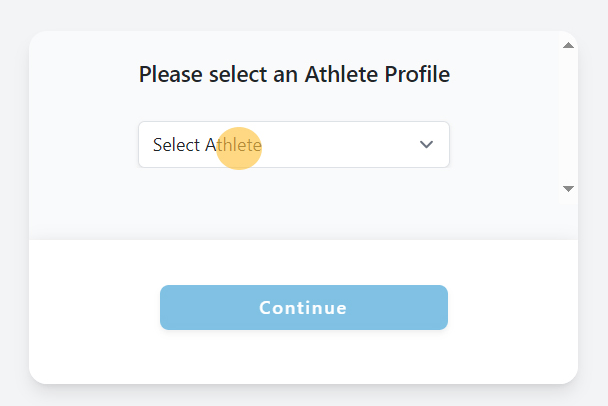 Screenshot from Athlete Connect with the "Select an Athlete Profile" for delegated user option open.