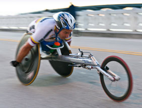 A hand cycle athlete in a competition.