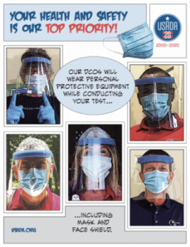 Healthy and Safety Comic Comic-style infographic of DCOs wearing face shields, masks, and gloves for testing durnig COVID-19.