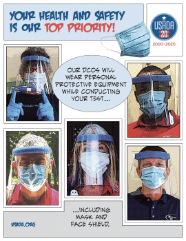 Comic-style infographic of DCOs wearing face shields, masks, and gloves for testing durnig COVID-19.