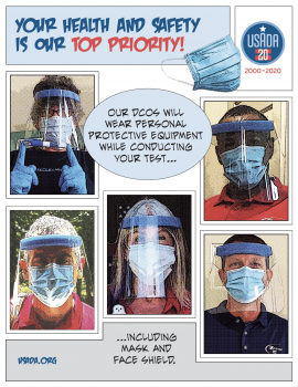 Healthy and Safety Comic Comic-style infographic of DCOs wearing face shields, masks, and gloves for testing durnig COVID-19.