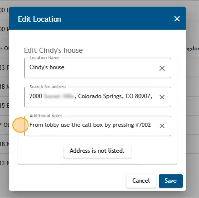 Athlete Connect "Edit Location" pop-up with highlight over the "Additional Notes" field.