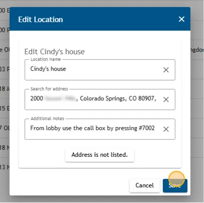 Athlete Connect "Edit Location" pop-up with highlight over the Save button.