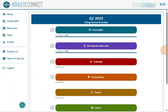 Athlete Connect home screen with 60-minute time slot option completed at 100%.