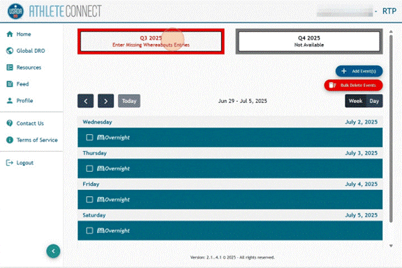 Athlete Connect home page with highlight over relevant quarter button.