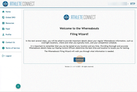 Athlete Connect Whereabouts Filing Wizard screen.