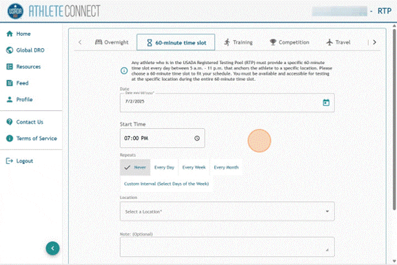 Athlete Connect 60-minute time slot entry with Date field selected.