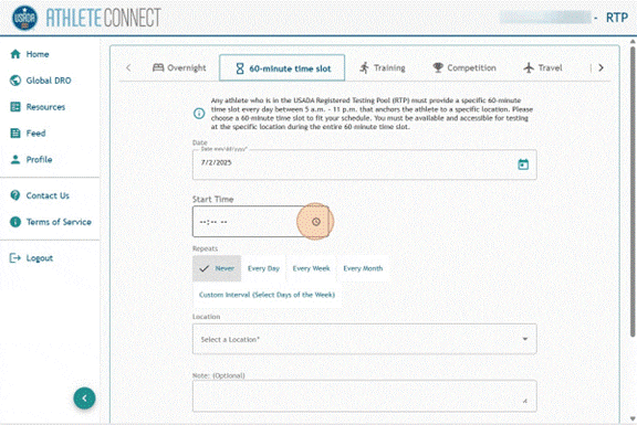 Athlete Connect 60-minute time slot entry with Start Time field selected.