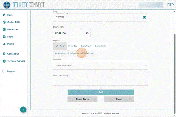 Athlete Connect 60-minute time slot entry with Repeats field selected.