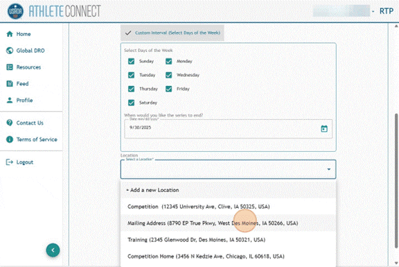 Athlete Connect 60-minute time slot entry with Locations field selected.