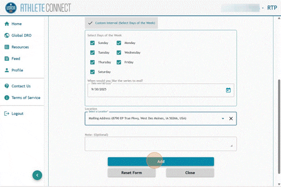 Athlete Connect 60-minute time slot entry with a highlight on the "Add" button.