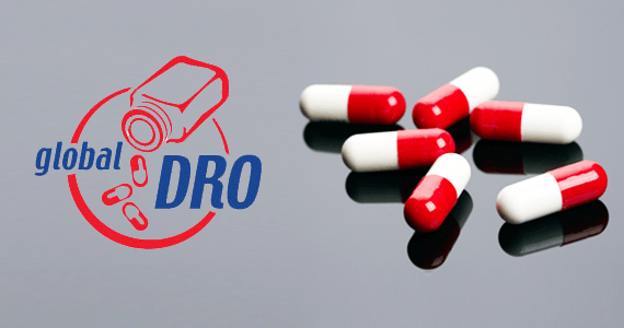 Global DRO logo next to red and white pills.