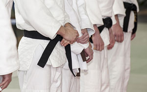 men in judo outfits with black belts standing in a row