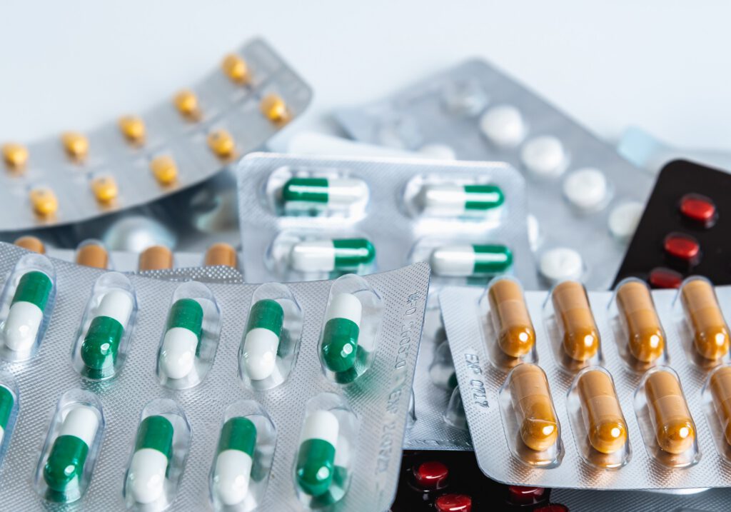 Variety of pills in packaging.