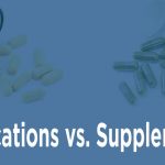 Blue background with two bottles of supplements and pills with text displaying Medications vs. Supplements on bottom of picture