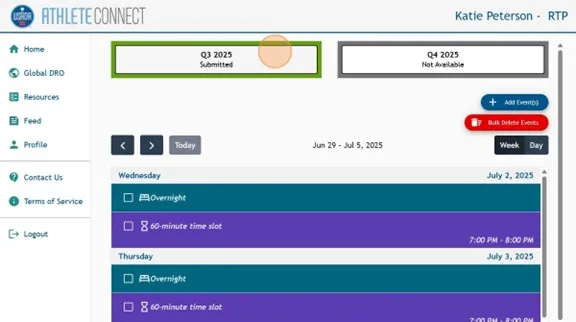 Athlete Connect home page with highlight over relevant quarter button.