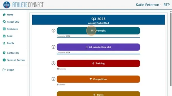 Athlete Connect list of different entry types to select, including "Overnight."