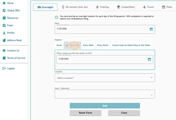 Athlete Connect Overnight entry highlight on the Repeats options.