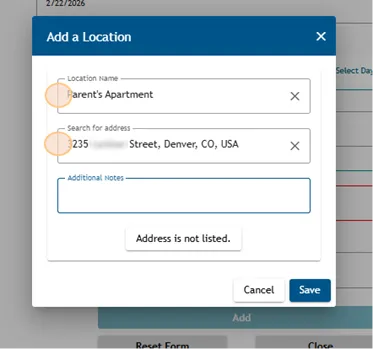 Add a Location pop-up in Athlete Connect with highlights over the Location Name and Search for Address fields.