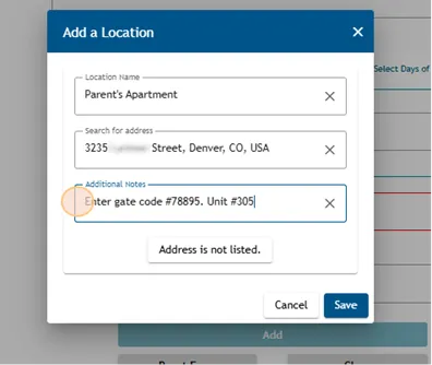 Add a Location pop-up in Athlete Connect with a highlight over the "Additional Notes" field.
