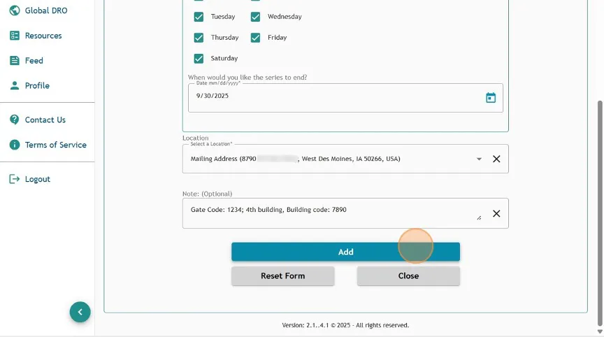 Athlete Connect entry screen example with a highlight over the "Add" button.