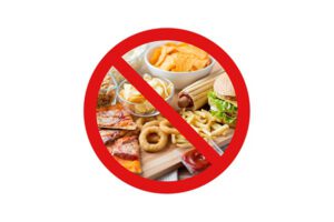 fast and junk food with a "no" symbol over it