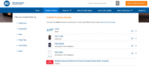 screenshot of the NSF Certified for Sport website database