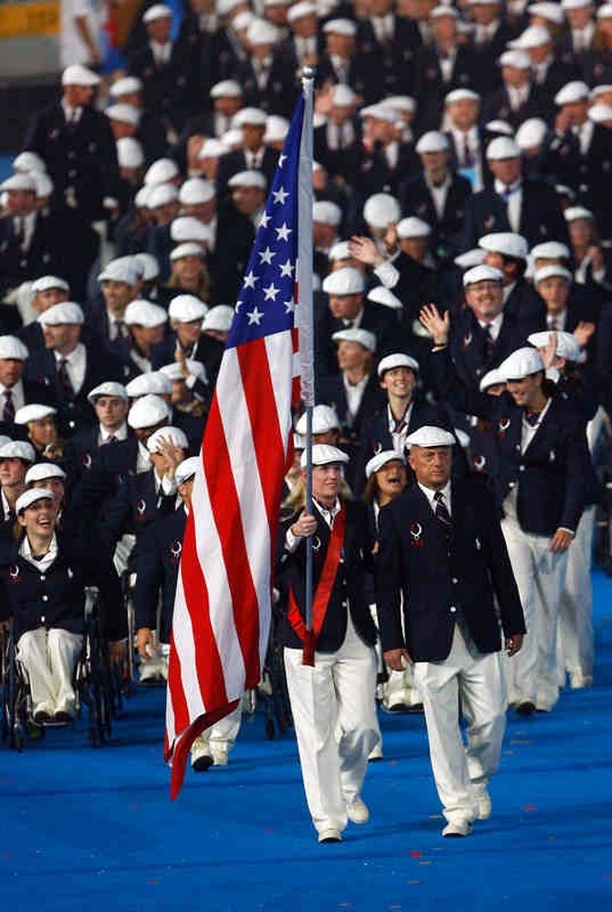 Jen Armbruster as the flag bearer at the Paralympics opening ceremony.