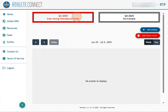 Athlete Connect home page hovering over button for relevant quarter.