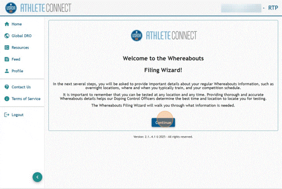 Athlete Connect Whereabouts Filing Wizard screen.