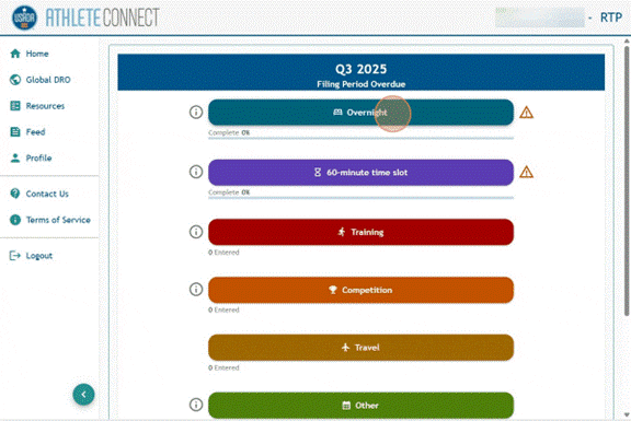 Athlete Connect list of different entry types to select, including "Overnight."
