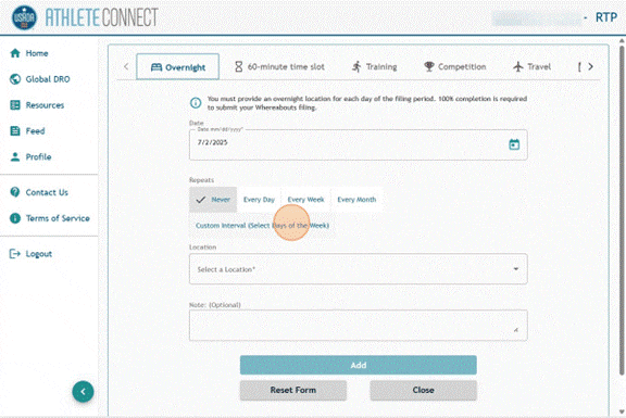 Athlete Connect Overnight entry tab screen.