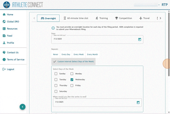 Athlete Connect custom repeats interval selected on Overnight entry.
