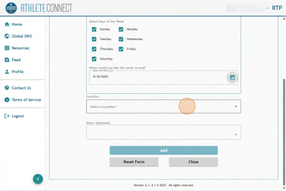 Athlete Connect overnight entry location field.
