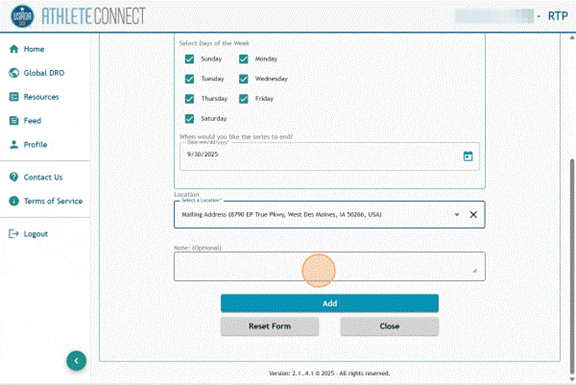 Athlete Connect overnight entry "Note" field.