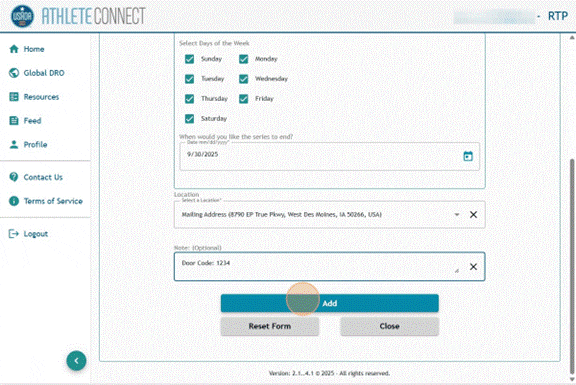 Athlete Connect overnight entry highlight on the "Add" button.