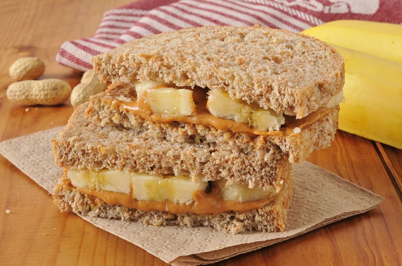peanut butter and banana sandwich on whole wheat bread