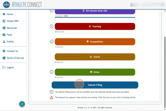 Athlete Connect quarterly filing landing page with a highlight over the blue "Submit Filing" button.