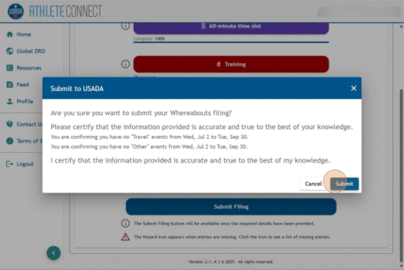 Athlete Connect quarterly filing 'Submit to USADA" pop-up with a highlight over the Submit button.