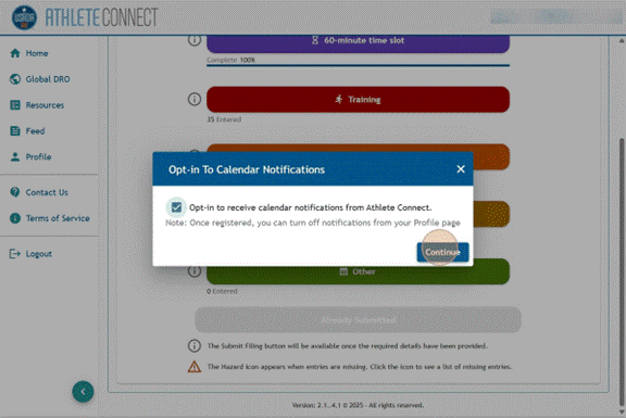 Athlete Connect "Opt-in to Calendar Notifications" pop-up with a highlight over the "Continue" button with the opt-in box checked.