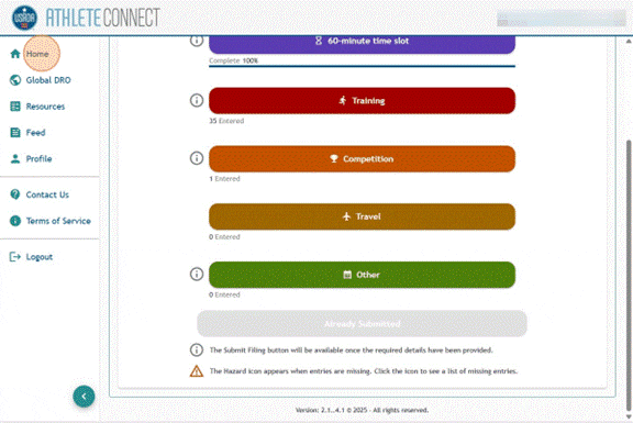 Athlete Connect quarterly filing page with a greyed out submit button that now says "Already Submitted."
