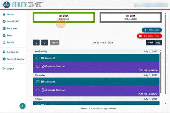 Athlete Connect home screen with a green highlight around the Q1 button to signify that quarter has been filed.