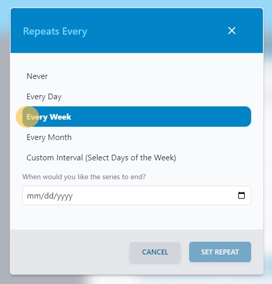 Screenshot of Athlete Connect app with highlight over Every Week option.