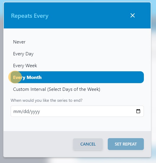 Screenshot of Athlete Connect app with highlight over Every Month option.