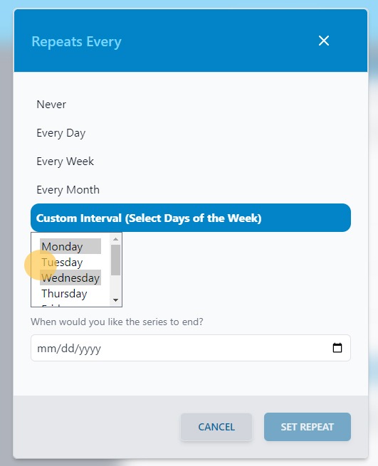 Screenshot of Athlete Connect app with highlight over Custom Interval days of the week selected.