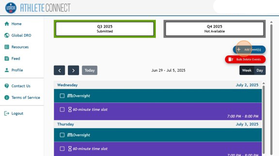 Athlete Connect home page with highlight over blue "Add Events" button.